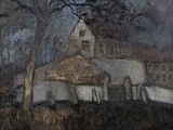 une image représentant un tableau d'une maison dans un champ, la nuit