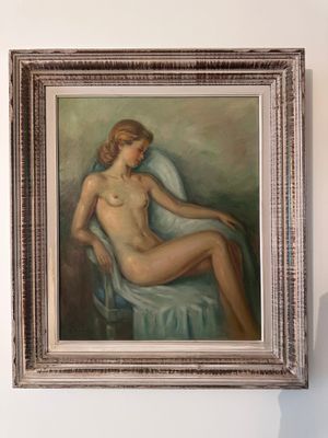 tableau représentant une femme nue assise sur une chaise dans une pièce