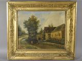 an oil painting of a farm scene with a horse and a house