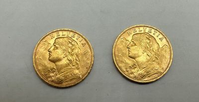 Lot de deux pièces de 20 francs SUISSE, en or, datées 1927 - Photo 1
