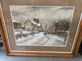 painting of a snowy country road with a church in the background