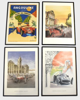 four framed art prints of old cars in front of a building