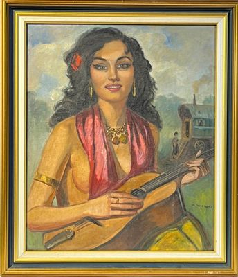tableau représentant une femme avec une guitare, dans un cadre doré