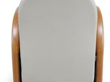 the back of a white leather chair with wooden legs
