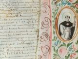 an old manuscript with a painting of a man holding a cat