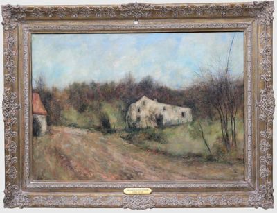an oil painting of a white house in a field with a dirt road