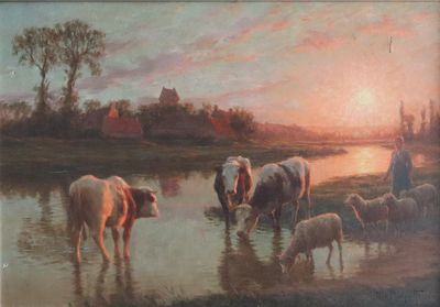 un tableau représentant des vaches en train de boire l'eau d'un étang