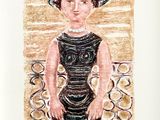 tableau représentant une femme vêtue d'une robe noire et d'un chapeau bleu
