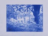 blue pencil drawing of a house in the woods with a tree