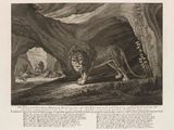 une gravure représentant un lion dans une grotte, avec un homme et un chien en arrière-plan