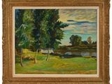 an image of a painting of a field with trees and a river