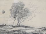 drawing of a landscape with trees and a river in the foreground