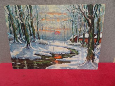 painting of a painting of a winter scene with a stream in the foreground
