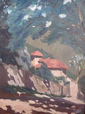 une image d'une peinture représentant une maison sur une colline