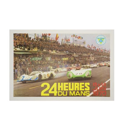 une affiche représentant deux voitures de course filant sur le circuit