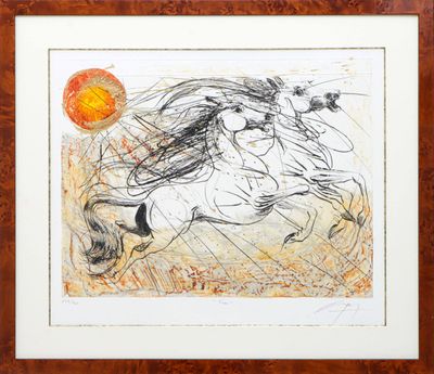 une image représentant un dessin d'un cheval au galop, avec une balle en arrière-plan