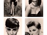 four black and white photos of a woman posing for a picture