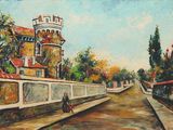 painting of a painting of a woman walking down a street with a castle in the background