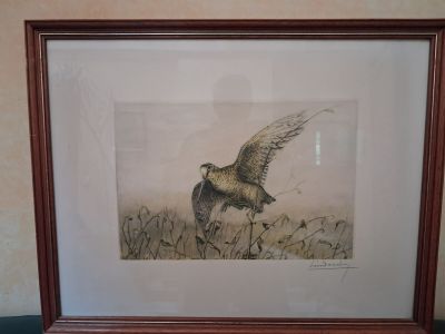 painting of a bird flying over a field of grass in a wooden frame