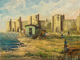 a painting of a painting of a city by the water