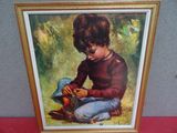 painting of a young boy sitting on the ground holding a toy