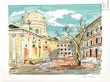 a watercolor painting of a street scene with buildings and a tree