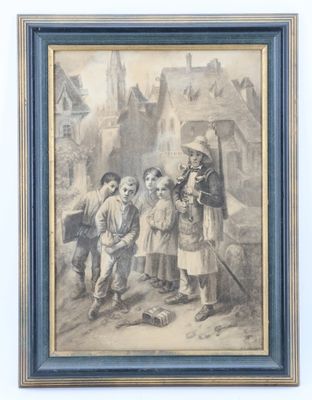 un vieux dessin représentant un groupe de personnes debout devant un bâtiment