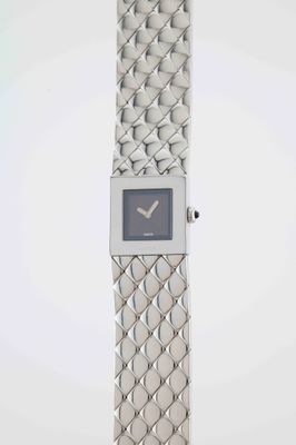 an image of a silver watch with a blue face on a white background