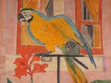 a painting of a parrot sitting on a perch next to a flower
