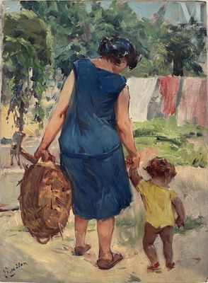 painting of a woman holding a child ' s hand while walking down a path