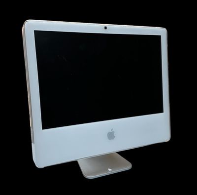a white computer monitor with a black screen on it