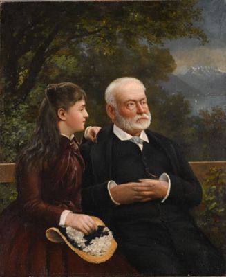 painting of an old man and a young girl sitting on a bench