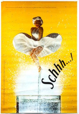 une affiche jaune sur laquelle figure la photo d'une femme en robe blanche posant sur un verre