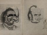 an old book with a drawing of a man and a man with a nose