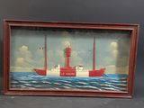 tableau représentant un bateau rouge et blanc sur l'eau, avec un phare en arrière-plan