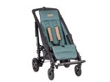 the baby stroller is blue and has a black handlebar
