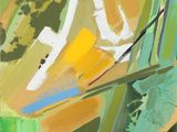 an abstract painting of green, yellow, and white paint on a canvas