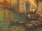 a painting of a man sitting on a boat in the water