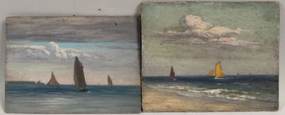 deux tableaux représentant des voiliers en mer par temps nuageux