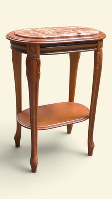 une table en bois avec un plateau en marbre et une étagère dessus
