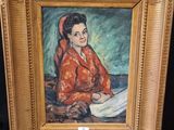 un tableau représentant une femme en veste rouge assise sur une chaise