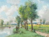 un tableau représentant un homme et une femme marchant au bord d'une rivière