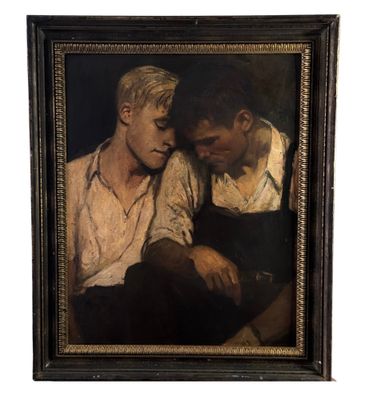une peinture à l'huile représentant deux jeunes hommes assis l'un à côté de l'autre