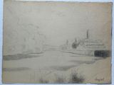dessin représentant un paysage avec une rivière et un bâtiment au loin