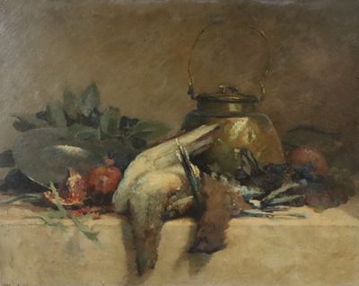 une image représentant un tableau représentant une nature morte avec des fruits et une lanterne