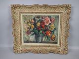 painting of flowers in a vase on a table with a white background