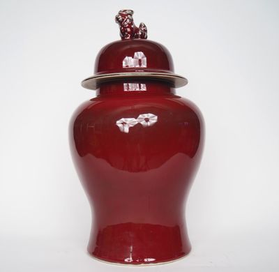 un vase rouge muni d'un couvercle, posé sur une surface blanche