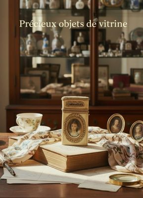 a wooden table topped with books and pictures on it