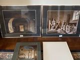 two framed photographs of a fireplace and a book on a blue rug