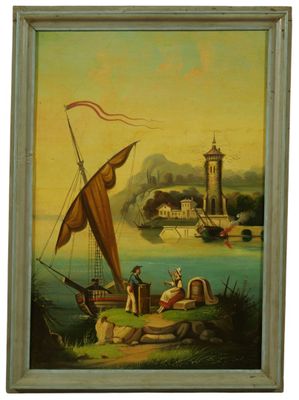 une vieille peinture représentant un voilier sur l'eau, avec un phare en arrière-plan